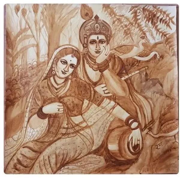 A coffee painting :This exquisite artwork captures the divine bond between Lord Krishna and Radha, rendered in monochromatic tones of sepia that evoke a sense of timelessness and devotion. The intricate detailing of their attire and ornaments reflects the finesse of traditional Indian art, with every stroke celebrating their celestial love. Krishna, with his serene smile and enchanting flute, exudes charisma, while Radha leans gently against him, her gaze radiating adoration and spiritual connection. The peacock feathers in the background symbolize beauty and grace, complementing the central theme of divine love. The earthy hues and fluid lines create a harmonious blend of realism and abstraction, inviting viewers into a tranquil world of spirituality and romance. This painting is a testament to the eternal essence of love, devotion, and artistic brilliance.