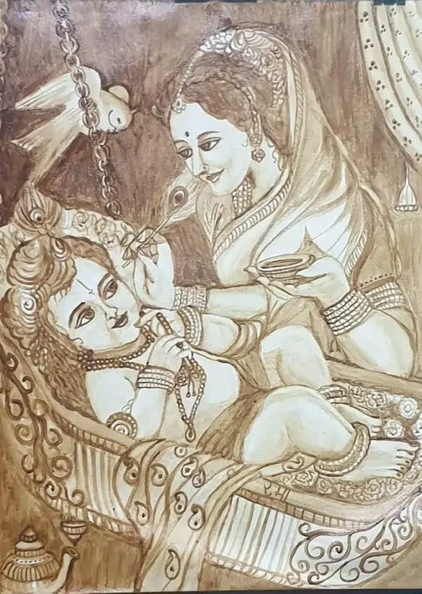 This artwork beautifully captures the tender bond between Yashoda and baby Krishna in a monochromatic sepia tone. Yashoda is lovingly feeding Krishna while sitting by his ornate swing, her face radiating motherly affection. Krishna, depicted with his playful and divine charm, holds a mala (prayer beads) while gazing at Yashoda with childlike innocence. The intricate details in the swing, jewelry, and drapery add an element of elegance, while the bird perched above enhances the serenity of the scene. The use of muted earthy hues creates a vintage and timeless feel, celebrating the divine love of a mother and her child.