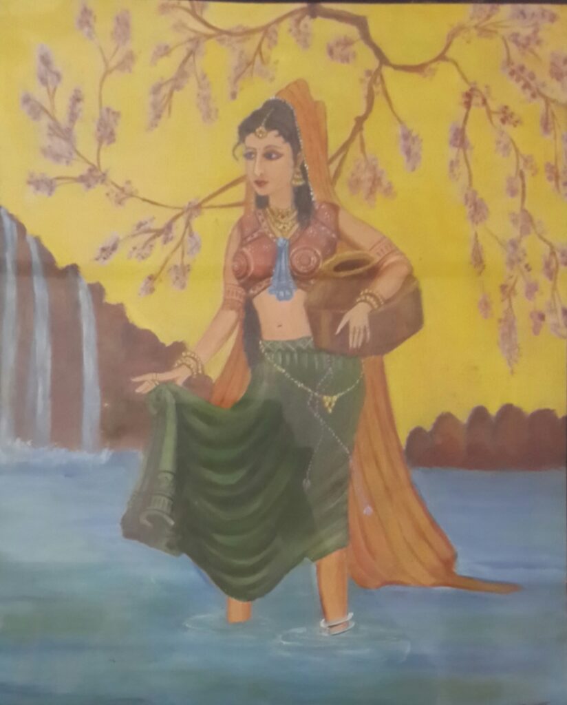water fetching oil painting