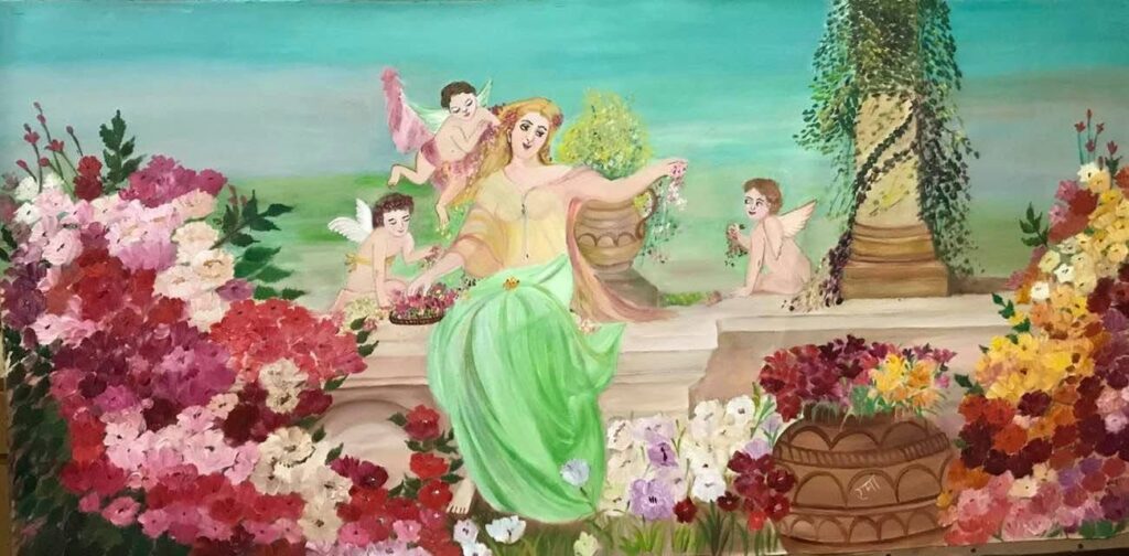 oil painting angel with her three kids