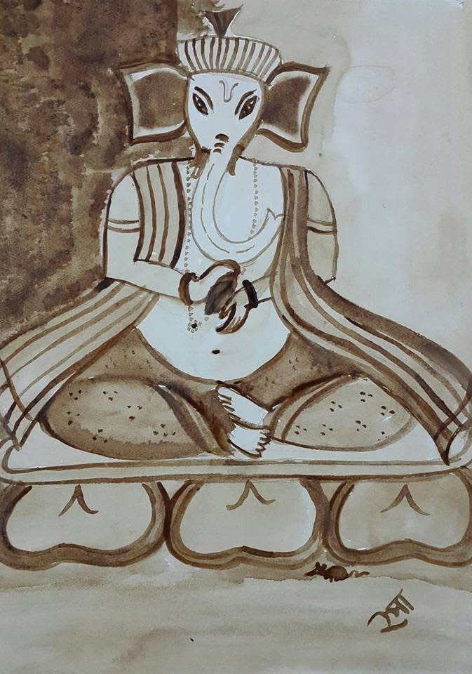 Ganesha orchestra playing manjira painting 