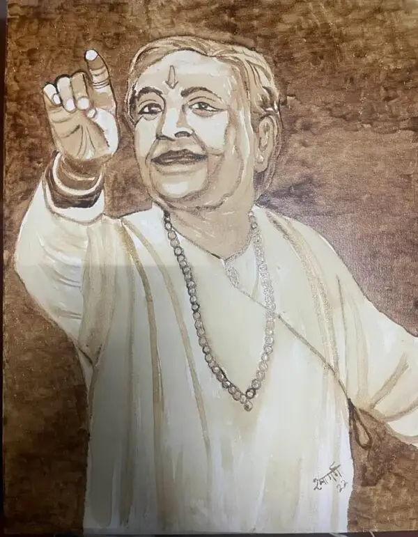 This portrait beautifully captures the essence of Pandit Birju Maharaj, the legendary Kathak maestro, known for his grace, spirituality, and expressive storytelling. Rendered in warm sepia tones, the painting highlights his charismatic personality. His joyous expression, adorned with a gentle smile and a tilak, radiates devotion and artistic energy. The raised hand appears to mimic a gesture often seen in his Kathak performances, symbolizing rhythm, storytelling, or blessings. The minimalistic yet detailed approach emphasizes his spiritual and cultural legacy, portraying him as both an artist and a guide.